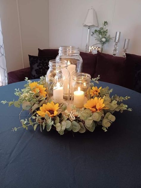 Sunflower And Sage Green Centerpieces, Sunflower Wedding Theme Rustic Fall, Sunflower Candle Centerpieces, Sunflower Quinceanera Theme Table, Sunflower And Lavender Wedding Decor, Sunflower Sweetheart Table Wedding, Sunflower Wedding Table Centerpieces, Sunflower Party Theme Decoration, Sunflower Centrepiece