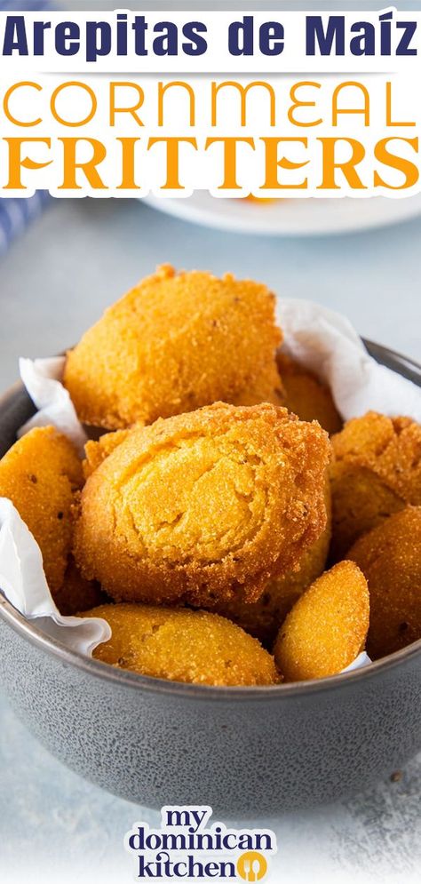 These crunchy, semi-sweet cornmeal fritters are great for an afternoon snack, as a side dish or served as hors d'oeuvres. Arepitas de maíz take just 20 minutes to make with five basic ingredients. I'm so excited to share this quick, easy and absolutely delicious cornmeal fritter recipe with you all! Arepitas de Maíz was one of the very first things I learn to cook, and they are one of my favorite snacks. | @mydominicankitchen #authenticdominicanrecipes #dominicanfood #cornmealfritters Fine Cornmeal Recipes, Cornmeal Mix Recipes, What To Make With Cornmeal, Cornmeal Fritters, Cornmeal Mush, Grains Recipes, Cornmeal Recipes, American Corn, Corn Meal