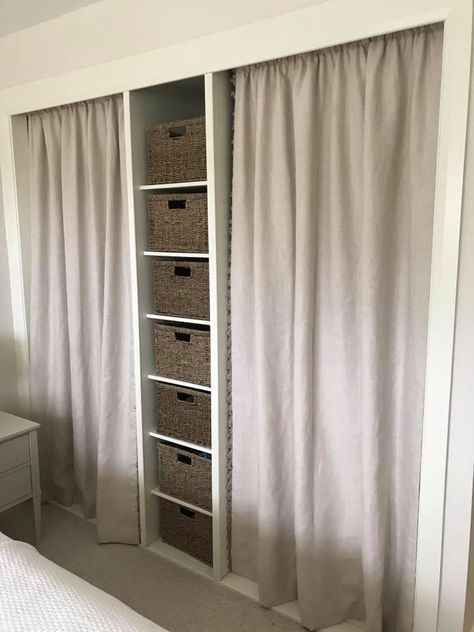 Soft linen curtains with a fan edge trim instead of doors on a built-in wardrobe, by Victoria Clark Interiors. Curtain Wardrobe, Diy Kast, Curtains For Closet Doors, Trendy Closet, Diy Closet Doors, Closet Curtains, Open Closet, Diy Wardrobe, Closet Remodel