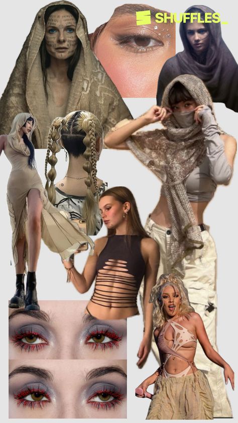 Created by kellimorgang on Shuffles Dune Inspired Outfit Rave, Dune Festival Outfit, Dune Rave Outfit, Dune Outfit Inspiration, Dune Inspired Outfit, Asian Rave Outfit, Cyberpunk Fits, Lost Lands Festival Outfit, Dune Outfit