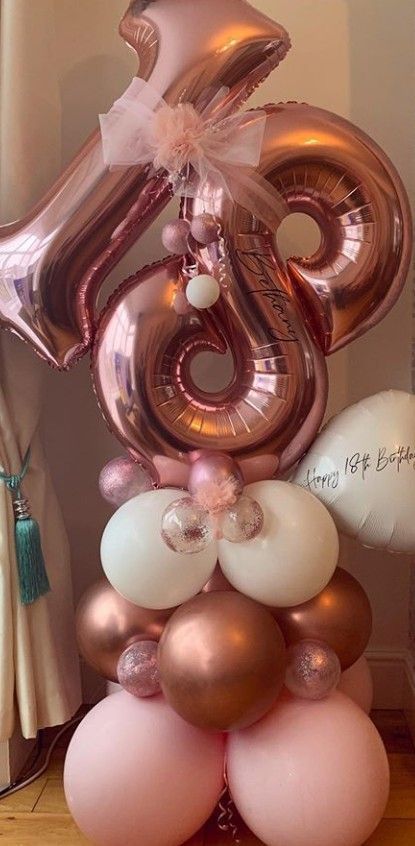 18th Party Ideas, 18th Birthday Decorations, 21st Birthday Decorations, 18th Birthday Cake, Diy Balloon Decorations, Balloon Arrangements, Rose Gold Party, Birthday Balloon Decorations, Balloon Gift