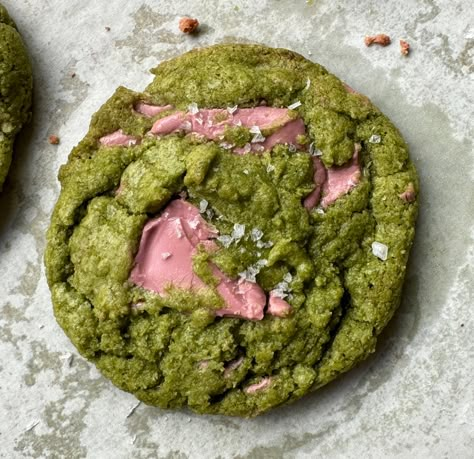 Ruby Chocolate Matcha Cookies  – Bella Bakes Matcha Raspberry Cookies, Matcha Spritz Cookies, Ruby Chocolate Cookies, Matcha Recipes Baking, Ruby Cookies, Matcha Blondies, Matcha Recipe Baking, Green Cookies, Matcha Baking