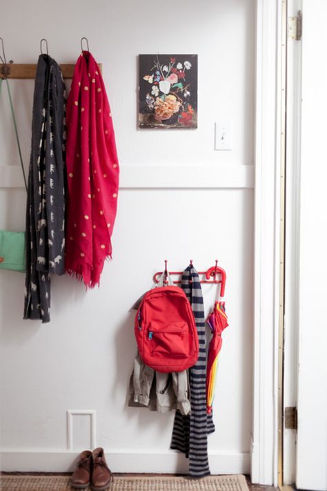 Hang some hooks at kid height. Luxury Mudroom, Apartment Entry, Small Apartment Hacks, San Francisco Apartment, Entry Storage, Apartment Entryway, Mudroom Decor, Space Apartments, Small Entryways