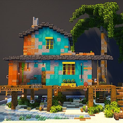 Minecraft Abandoned Building, Beach Minecraft Houses, Minecraft Tropical Builds, Minecraft Tropical House, Minecraft Ocean House, Minecraft Beach Ideas, Minecraft Beach, Minecraft Beach House, Minecraft Images