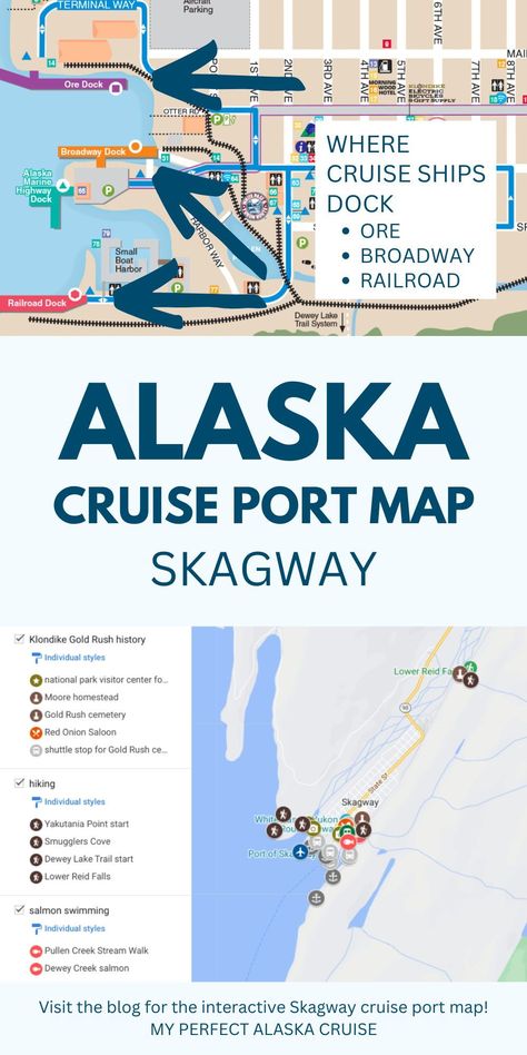 Alaska cruise travel tips. Visit the blog for how to know exactly where your cruise ship will dock + for ideas on easy, cheap, and free things to do on your Alaska cruise in Skagway cruise port! downtown skagway walking. travel destinations in the US. alaska cruise tips. budget. alaska cruise port map. alaska travel. princess. holland america. royal caribbean. carnival. celebrity. disney cruise. ncl. norwegian cruise. cruise vacation ideas. north america. Holland America Alaska Cruise, Travel Destinations In The Us, Alaska Travel Cruise, Alaska Cruise Ports, Alaska Cruise Tips, Royal Cruise, Skagway Alaska, Cruise Ports, Alaska Vacation