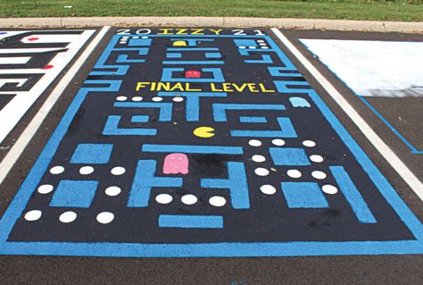 Parking Spot Designs, Unique Parking Spot Paintings, Parking Spot Senior, Painted Parking Spaces Ideas, Unique Senior Parking Spot Ideas, Class Of 2027, Senior Parking Spot Ideas, Senior Parking Spots, Parking Space Ideas