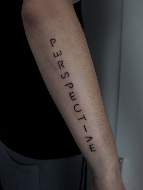 Tattoo About Perspective, Manifestion Tattoo, 2 Percent Tattoo, No Ego Tattoo, Deep Men Tattoo, Alter Ego Tattoo Ideas, Perspective Tattoo Ideas, Perspective Tattoo Symbol, Small Arm Tattoos For Guys Forearm