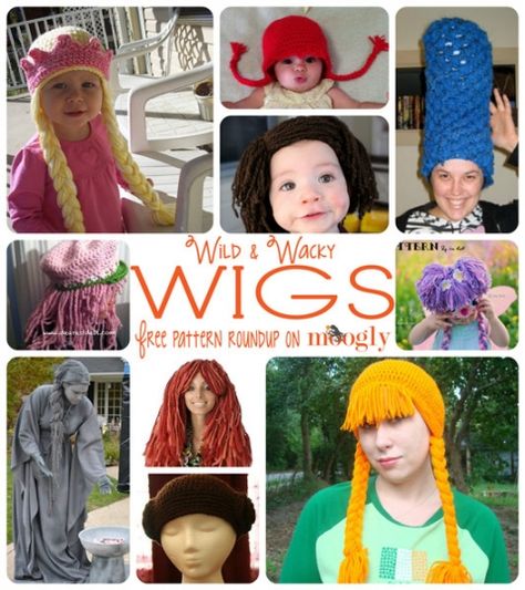 Wild & Wacky Free #Crochet Wig Patterns - perfect for #Halloween, dress-up, and fancy dress! Free Crochet Wig Patterns, Free Crochet Costume Patterns, Crochet Hat With Hair, Crochet Wigs For Kids, Crochet Halloween Costumes, Crochet Wig Pattern, Yarn Wigs, Crochet Wigs, Crochet Halloween Costume