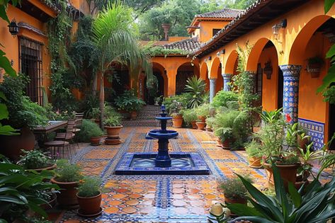 Spanish tile patio Hacienda Style Flooring, Tiled Courtyard, Spanish Courtyard Ideas, Spanish Home, Spanish Patio Ideas, Spanish Style Courtyard, Spanish Patio, Modern Mexican Decor, Hacienda Style Kitchen