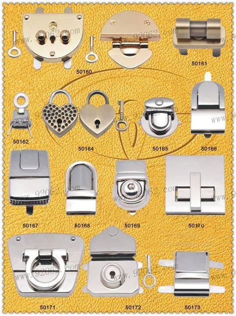 Bag Locks, Purse Locks, Turn Locks, Fasteners, Closures, School bag Manufacturer & Supplier | 92062 Sac Diy, Handbag Hardware, Embossed Fabric, Bag Hardware, Craft Room Design, Diy Leather Bag, Motorcycle Bag, Leather Craft Tools, Purse Hardware