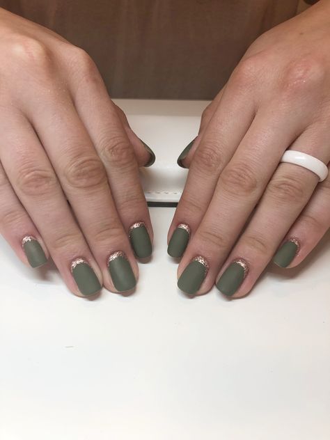 @nailsby.whit Matte Olive green with rose gold cuticle cuffs Rose Gold Matte Nails, Nails To Match Olive Green Dress, Olive Green French Tip Nails Short, Olive Green And Beige Nails, Khaki Gold Nails, Matte Sage Green Nails, Olive Green And Cream Nails, Olive And Gold Nails, Olive Green And Silver Nails