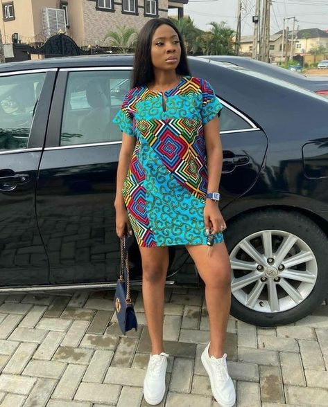 Ankara Short Gown Styles With Sneakers, Simple Short Ankara Dresses, Ankara Shift Dress Styles, Simple Ankara Short Gown Styles, Lace Styles For Ladies, Short Gown Styles For Material, Simple Ankara Gown Styles, Ankara Shift Dress, Asoebi Lace Styles