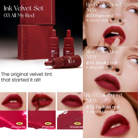 Ink Velvet Tint, Red Lip Tint, Lip Tint Colors, Makeup Organizing, Korean Beauty Makeup, Peripera Ink Velvet, Ink Velvet, Korean Lip Tint, Vampy Makeup