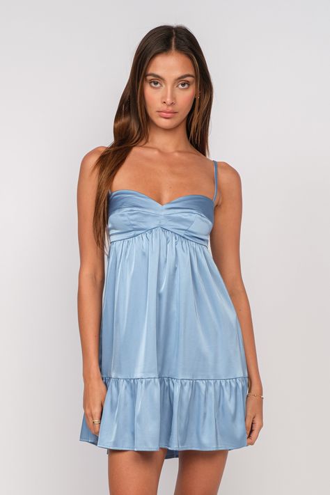 Homecoming Dress Sweetheart Neckline Homecoming Dress, Formal Blue Dress Short, Hoco Dresses With Straps, Hoco Dresses A Line, Blue Semi Formal Dresses Short, Blue Recruitment Dresses, Babydoll Hoco Dress, Casual Hoco Dresses, Hoco Dresses Satin