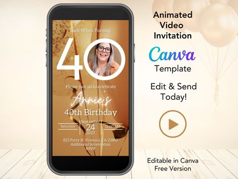 Birthday Video Invitation, 40th Birthday Invitations, Birthday Video, Event Stand, Video Invitation, Digital Video, Birthday Gif, 40th Birthday, Canva Template