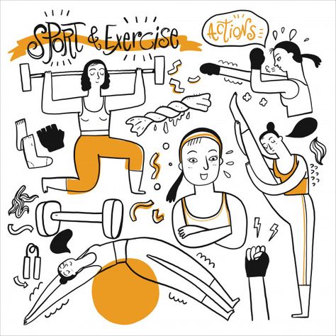 Work Out Illustration, Sport Drawing Illustration, Gym Illustration Art, Sport Illustration Graphics, Sports Doodles, Sport Illustration Art, Sport Sketch, Doodle Art Human, Gym Illustration