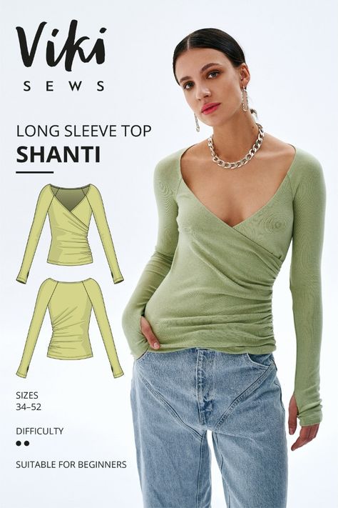 Create Your Style with the Exclusive Vikisews Shanti Long Sleeve Top Sewing Pattern! Long Sleeve Top Sewing Pattern, Long Sleeve Shirt Pattern, Shirt Sewing Pattern, Top Sewing, Shirts And Blouses, Top Sewing Pattern, Sleeves Pattern, Individual Style, Shirt Pattern