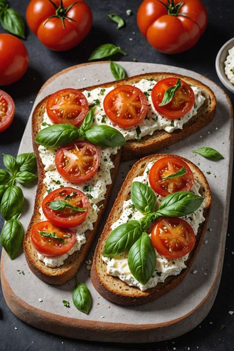 A photo of a  Tomato Basil Ricotta Toast which is a type of ricotta toast recipes Ricotta Sandwich, Tomato Toast Breakfast, Ricotta Toast Recipes, Ricotta Recipes Healthy, Bruschetta Toast, Cheese Toast Recipe, Healthy Toast, Ricotta Toast, Ricotta Recipes