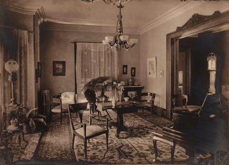 Area rugs were common enough that some late-Victorian houses actually were built with fancy wood around the edges of the parlor or dining room, and plain cheap pine boards in the middle. Description from flickr.com. I searched for this on bing.com/images Parlour Design, Victorian Rooms, Victorian House Interiors, Parlor Room, Old House Interior, Victorian Parlor, Victorian Home Interior, Victorian Home Decor, Victorian Interior