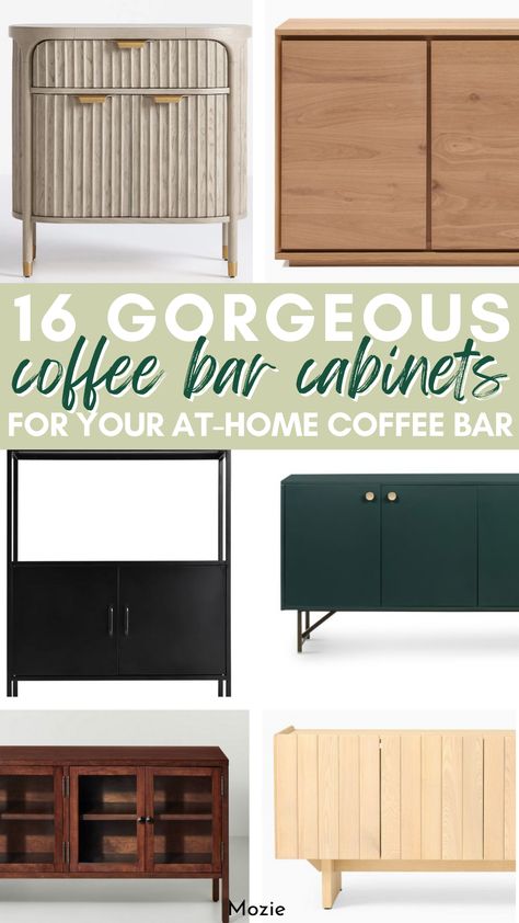 If you're interested in adding a coffee bar in your kitchen or looking for coffee bar ideas, look no further! These gorgeous coffee bar cabinets are perfect for creating your coffee bar in the kitchen. If you love coffee, then you'll want to use these cabinets to create your beautiful coffee bar station! Coffee Bar Cabinet Ideas Kitchen, Coffee Bar Furniture Buffet, Modern Coffee Bar Cabinet, Coffee Station Table Ideas, Counter Height Coffee Bar, Coffee Bar Cart Ideas Modern, Coffee Bar Home Coffee Tables, Coffee Bar Furniture Modern, Mid Century Modern Coffee Bar Ideas