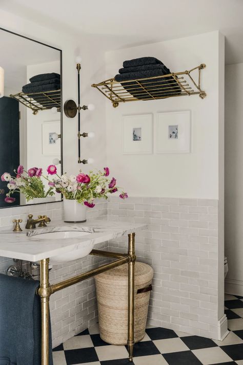 Bathroom Vanity Trends, Sink Trends, Exposed Plumbing, Vintage Wire Baskets, Westchester New York, Bathroom Sink Design, Farrow & Ball, Reclaimed Wood Beams, Console Sink