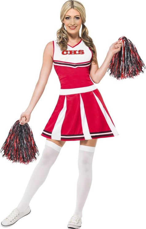 26eu Cheerleader Fancy Dress, Cheerleader Halloween Costume, Cheerleader Outfit, Sports Costume, Cheerleader Costume, Red And White Dress, Cheerleading Uniforms, Pom Pom Girl, Black Halloween Dress