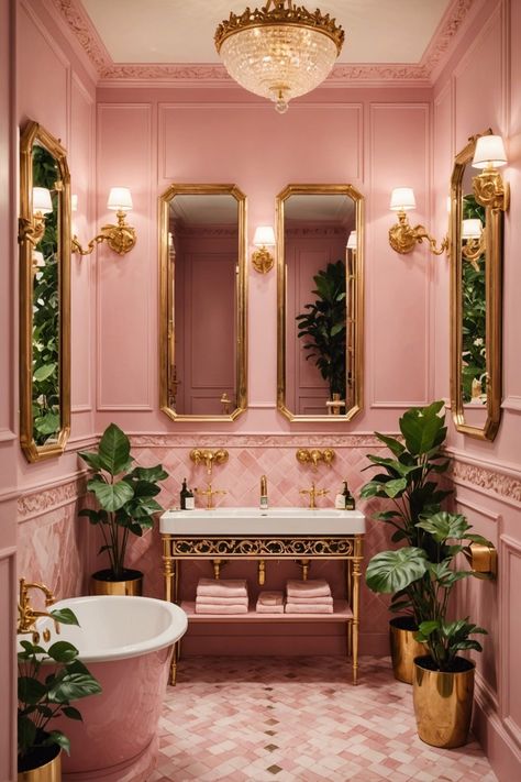 20 Adorable Pink Bathroom Decor Ideas – ToolzView 80s Art Deco Bathroom, Pink Stained Glass Aesthetic, Big Bathroom Mirror Ideas, Real Bathroom Ideas, Pink And Gold Interior, Pink Bathroom Mood Board, Pink Wallpaper Bathroom Ideas, Light Mauve Bathroom, 70s Pink Bathroom