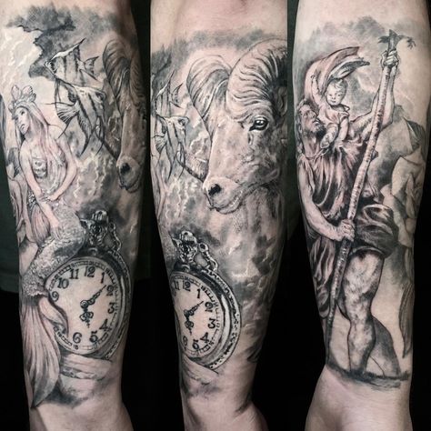 @jenskinart tattooed this intricate and full half-sleeve tattoo. This realistic black and grey artwork consists of a goat, clock, people, a mermaid, and fish. There are likely other things one may be able to spot that we missed! Grey Artwork, Mama Tried, A Goat, Half Sleeve Tattoo, Nature Tattoos, Best Tattoo, Sleeve Tattoo, A Mermaid, Hidden Gem