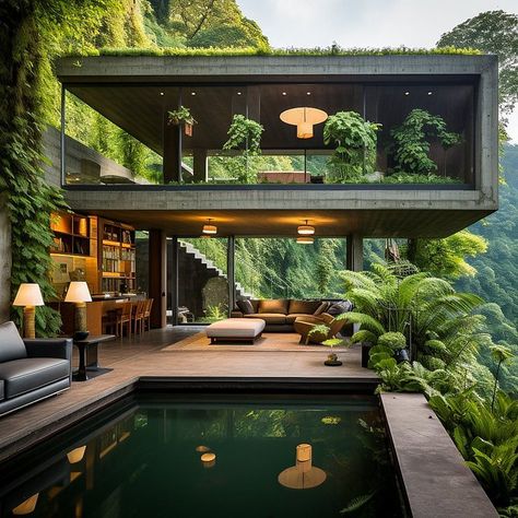 Modern Tropical House, Jungle House, Decoration Restaurant, Tropical Architecture, Concrete House, Green Architecture, Tropical House, House Outside Design, Architect House