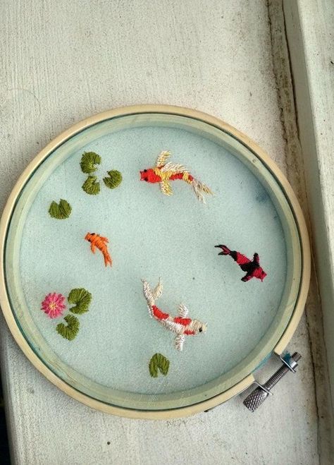 Koi Pond Embroidery, Pond Embroidery, Koi Fish Embroidery, Fish Embroidery, Embroidery Suits Punjabi, Sewing Easy, Embroidery Designs Baby, Easy Embroidery, Embroidery Neck Designs