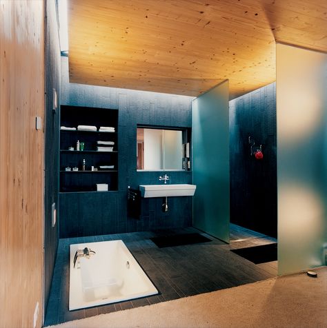 #bath #spa #bath&spa #modern #interior #interiordesign #bathroom #shower #bath #woodpanels #skylight #masterbath #laufen #sunkenbath Photo by Hertha Hurnaus Disco Bathroom, Cool Showers, Shower Skylight, Interior Bathroom Design, Bathroom Sanitary Ware, Sunken Bath, Shower Options, Sunken Bathtub, Arch Bathroom