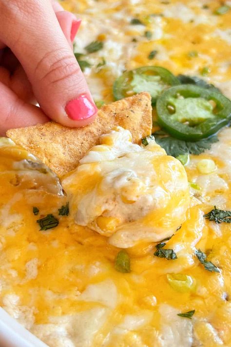 This cheesy hot corn dip recipe combines cream cheese, corn, and other simple ingredients for an easy appetizer perfect for game day or parties. A real crowd pleaser! Corn Cream Cheese Dip, Cheesy Hot Corn Dip, Hot Corn Dip Recipe, Hot Cheese Dip Recipes, Cheesy Corn Dip, Corn Dip Recipe, Mexican Corn Dip, Southern Appetizers, Cheese Dip Mexican