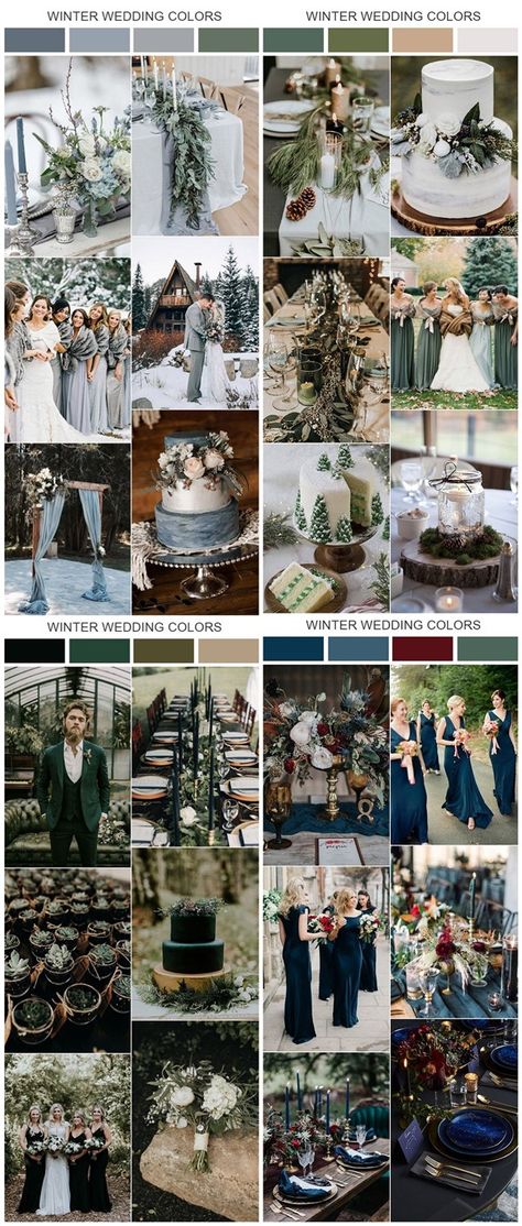 winter wedding color combos and ideas Rustic Winter Wedding Colors, Blue Color Palette Wedding, Grey Winter Wedding, Scottish Wedding Themes, Silver Winter Wedding, Wedding Color Schemes Winter, Winter Wedding Color Ideas, Wedding Color Palette Ideas, Wedding Color Schemes Blue