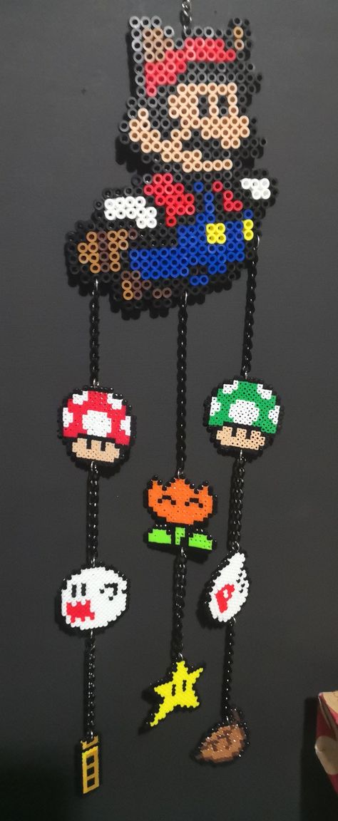 Perler Bead Big Patterns, Perler Bead Wind Chimes, Hanging Perler Beads, Perler Bead Dream Catcher Pattern, Perler Bead Mobile, Perler Dream Catcher, Perler Mobile, Mario Bros Perler Beads, Perler Bead Mario