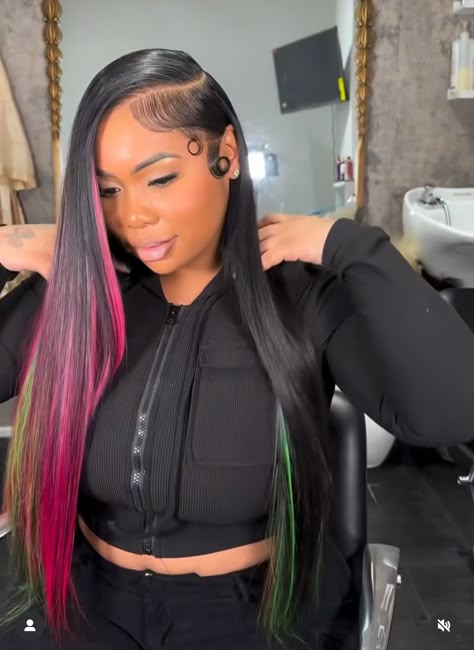 Pink Highlights Sew In, Black Weave With Pink Highlights, Pink And Blue Lace Front Wig, Quick Weaves With Color, Peak A Boo Pink Hair Color, Black And Pink Hairstyles, Color Sew In, Peekaboo Quick Weave, Peekaboo Sew In