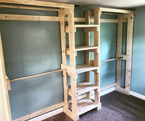 Pallet Closet Organizer, Rustic Closet Ideas, Closet Shelving Ideas, Basement Closet, Pallet Closet, Rustic Closet, Closet Redo, Bed In Closet Aesthetic, Wooden Closet