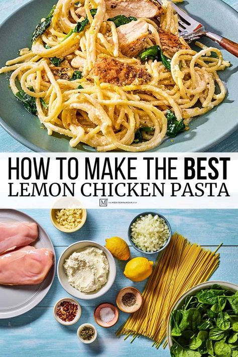 Lemon chicken pasta made with lemon zest and juice, whole milk ricotta, spinach and chicken breasts. Indulge in this easy pasta recipe. Ricotta Stuffed Chicken, Ricotta Spinach, Easy Pasta Recipe, Lemon Chicken Pasta, Creamy Pasta Sauce, The Mediterranean Dish, Creamy Recipes, Lemon Pasta, Chicken Dinners