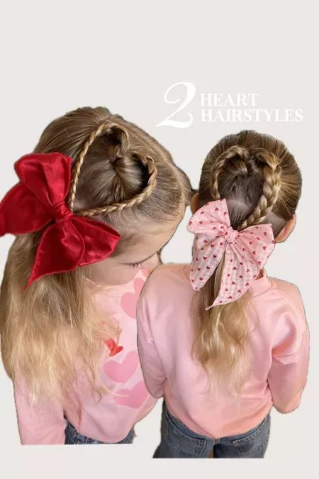 2 cute heart hairstyles to try for Valentine’s Day! We love a braided hairstyle. Tap to shop all of the hair bows and hair products that we used for this hairstyle! Valentine Girl Hair Styles, Easy Valentine Hair For Kids, Girls Heart Hairstyles Valentines Day, V Day Hairstyles Kids, Girls Hairstyles Valentines, Girls Valentines Day Hair, Valentines Heart Hair, Valentine’s Day Girls Hair, Valentines Hair Ideas For Kids