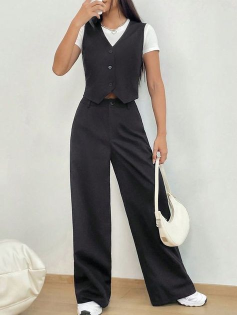 Grey Elegant Collar   Plain  Embellished Non-Stretch  Women Clothing Cool Uniforms Work, Outfit Waistcoat Women, Waistcoat And Pants Outfit, Tailored Outfits For Women, Waistcoat Outfit Women, Tokyo Ootd, Waistcoat Outfit, Vest Outfits For Women, Casual Work Outfits Women