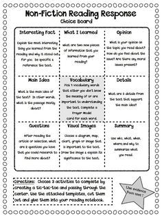 Reading Responses - Non-Fiction Third Grade Reading, Choice Boards, 5th Grade Reading, Middle School Reading, Nonfiction Reading, 4th Grade Reading, 3rd Grade Reading, Teaching Ela, 2nd Grade Reading