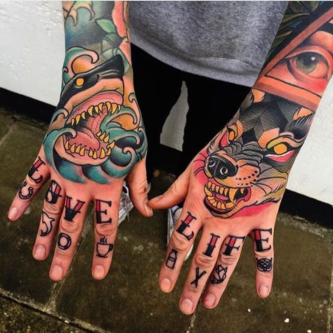 Wolf Hand Tattoo, Stay True Tattoo, Legacy Tattoo, Traditional Hand Tattoo, Artist Tattoo, Pokemon Tattoo, Old School Tattoo Designs, Traditional Tattoo Design, Hand Tattoos For Guys