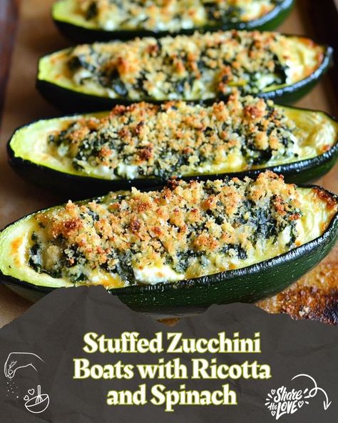 Stuffed Zucchini Boats Vegetarian, Vegetarian Zucchini Boats, Zucchini Boat, Luscious Recipes, Ricotta Spinach, Carb Sides, Stuffed Zucchini Boats, Spinach Mushroom, Stuffed Zucchini