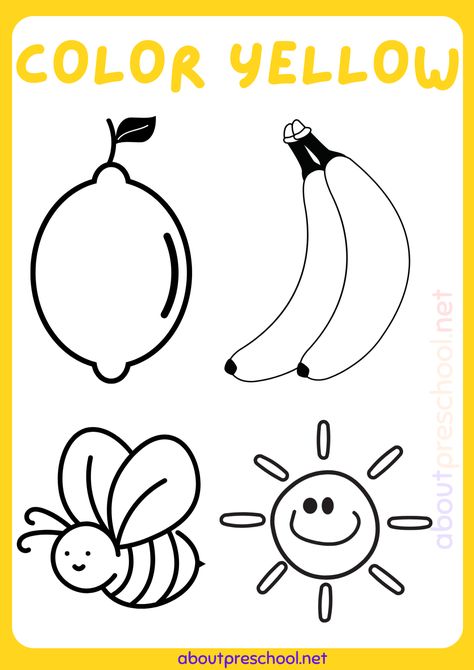 Color Yellow worksheets for Kindergarten 5 Preschool Colouring Printables, Coloring For Preschool Free Printable, Kinder Coloring Pages, Color Worksheets For Toddlers, Yellow Activity For Preschool, Colours Worksheet For Preschoolers, Coloring Worksheets For Preschoolers, Primary Colors Worksheets For Kindergarten, Color Yellow Crafts For Toddlers