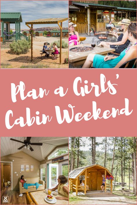 Plan a Girls' Cabin Camping Weekend! Ladies Camping Weekend, Cabin Weekend With Friends, Girls Cabin Trip Ideas, Sister Weekend Ideas, Food For Girls Weekend, Fun Girls Weekend Ideas, Birthday Cabin Weekend, Camping Girls Trip, Cabin Weekend Food