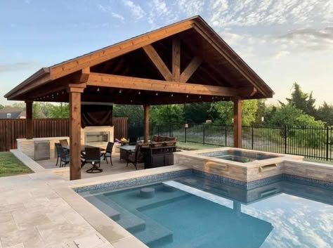 Jacuzzi Patio Ideas, Pool Side Gazebo, Diy Pool House, Pool Pavilion Ideas, Backyard Pool Cabana, Backyard Cabana, Pool Backyard Ideas, Rustic Outdoor Spaces, Pool Outdoor Living