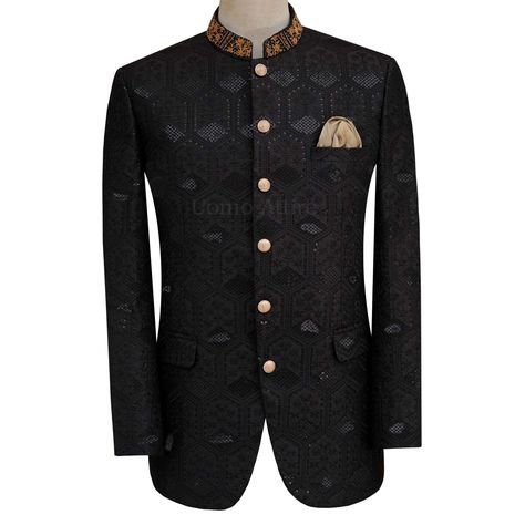 Embroidered fabric black prince coat with golden embellishment | Black prince coat for groom Prince Coat, Formal Attire For Men, Custom Made Suits, Shalwar Kameez, Formal Attire, Black Is Beautiful, Wedding Outfit, Custom Made, Prince