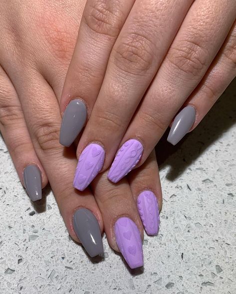 Purple And Gray Nails Design, Purple And Grey Nail Designs, Purple Sweater Nails, Gray And Purple Nails, Sweater Nails Acrylic, Purple And Grey Nails, Nails Acrylic Purple, Acrylic Nails Purple, Feb Nails