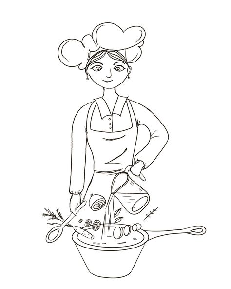 Chef Drawing Sketches, Cooking Drawing, Cooking Illustration, Witch Recipes, Cooking Clipart, Family Sketch, Girl Black And White, Family Coloring Pages, Kitchen Drawing