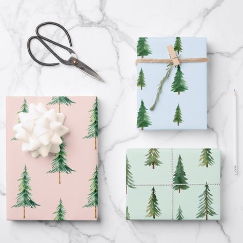 Pastel Color Watercolor Christmas Pine Tree Wrapping Paper Sheets Rustic Forest Wedding, Forest Gift, Forest Watercolor, Eco Friendly Wrapping, Forest Scenery, Wedding Gift Wrapping, Holiday Wrapping Paper, Modern Watercolor, Paper Sheet