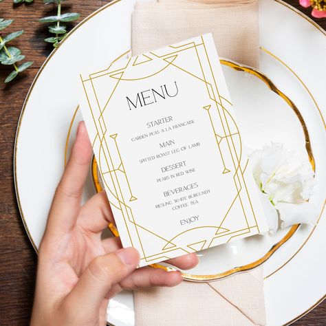 "Geometric Art Deco Menu Template, 5x7 Great Gatsby Dinner Menu, Art Nouveau Wedding Menu, Editable wine List Card Personalize this printable Art Deco menu template by adding your own picture, changing the wording, font style and color. Make as many different dinner menus as you need. Save to print at home or your local print shop. Access your files immediately after purchase and create your own editable menu and wine list card using CORJL - an application which lets you fully customize every de Great Gatsby Name Cards, Art Deco Place Cards, Art Deco Menu Design, Everyman Cinema, Art Deco Menu, Textbook Design, Gatsby Wedding Invitations, Kiss Party, Art Deco Wedding Theme